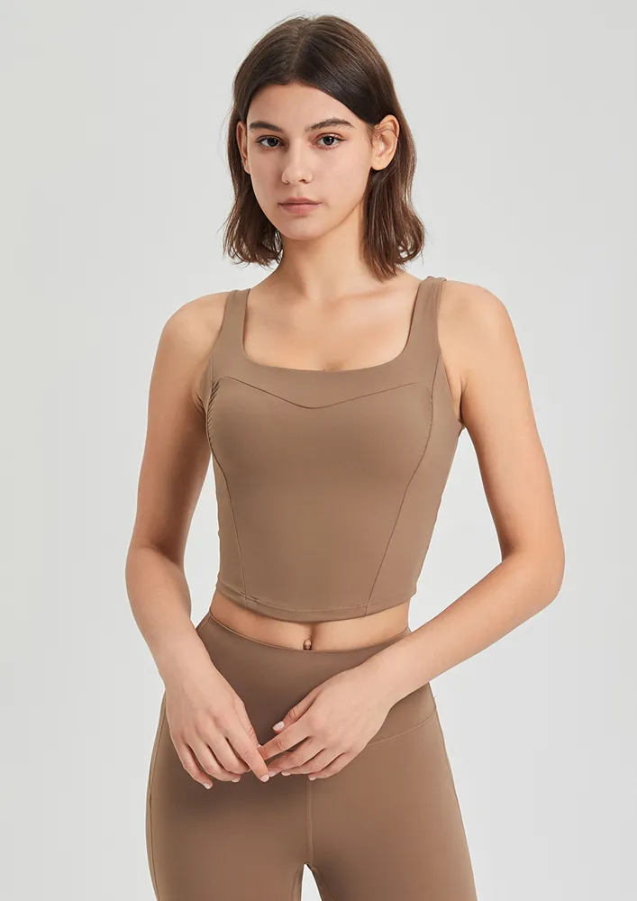 Brown Square Neck Athleisure Tank Top