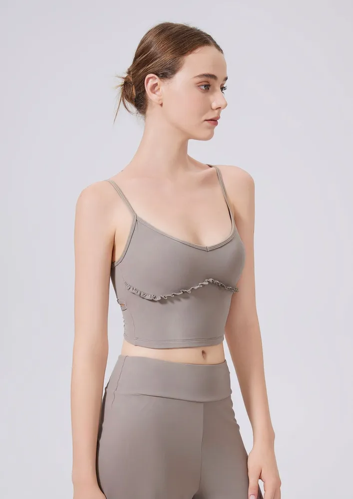 Beige Ruffle-trimmed Strappy Sports Top