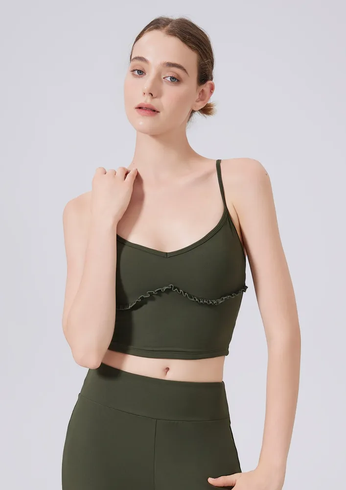 Green Ruffle-trimmed Strappy Sports Top