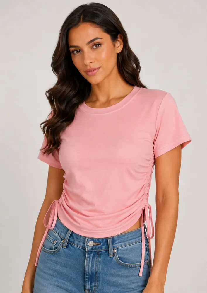 PINK RUCHED TIE DETAIL TEE