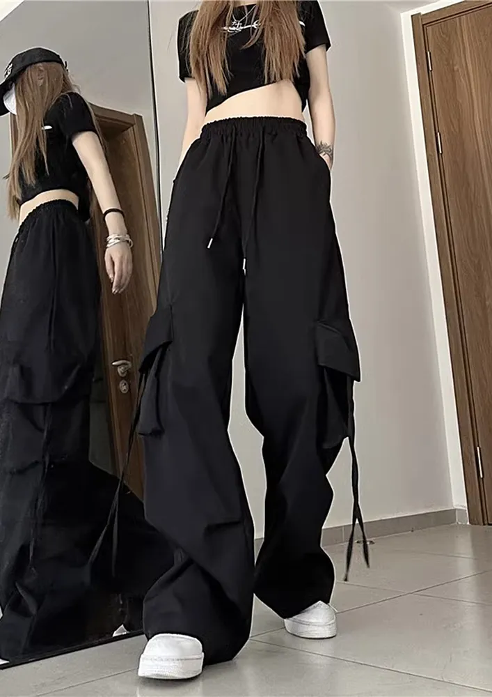 Black Pleated Knee Loose Wide Pants