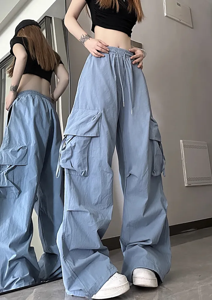 Blue Pleated Knee Loose Wide Pants