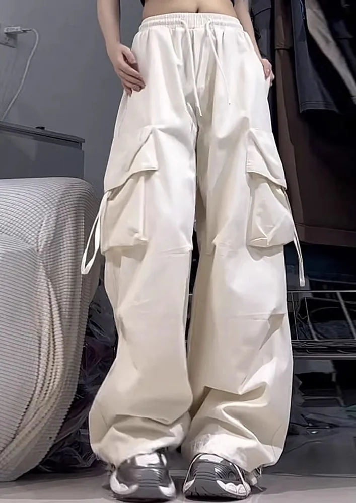 White Pleated Knee Loose Wide Pants 