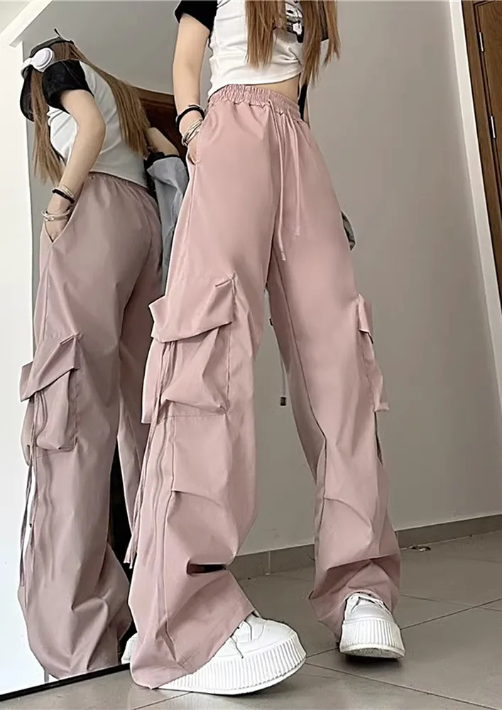 Pink Pleated Knee Loose Wide Pants