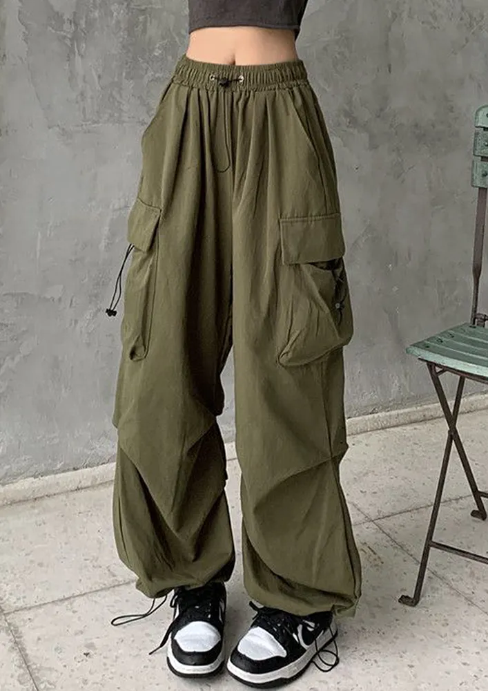 Green Cord Stopper Waist Parachute Pants