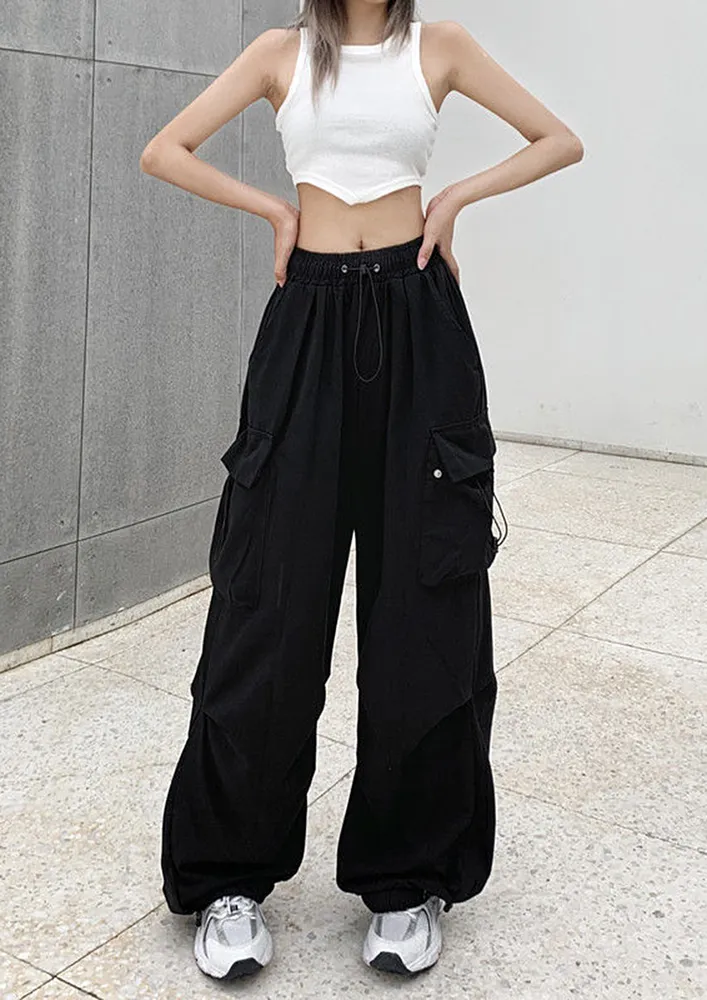 Black Cord Stopper Waist Parachute Pants