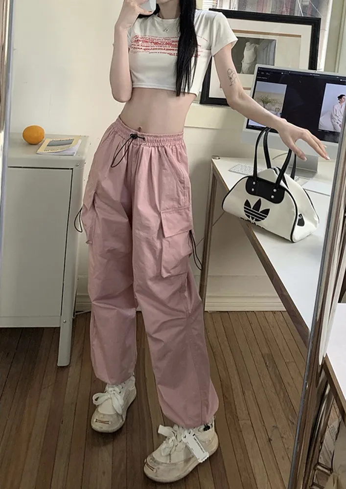 Pink Cord Stopper Waist Parachute Pants