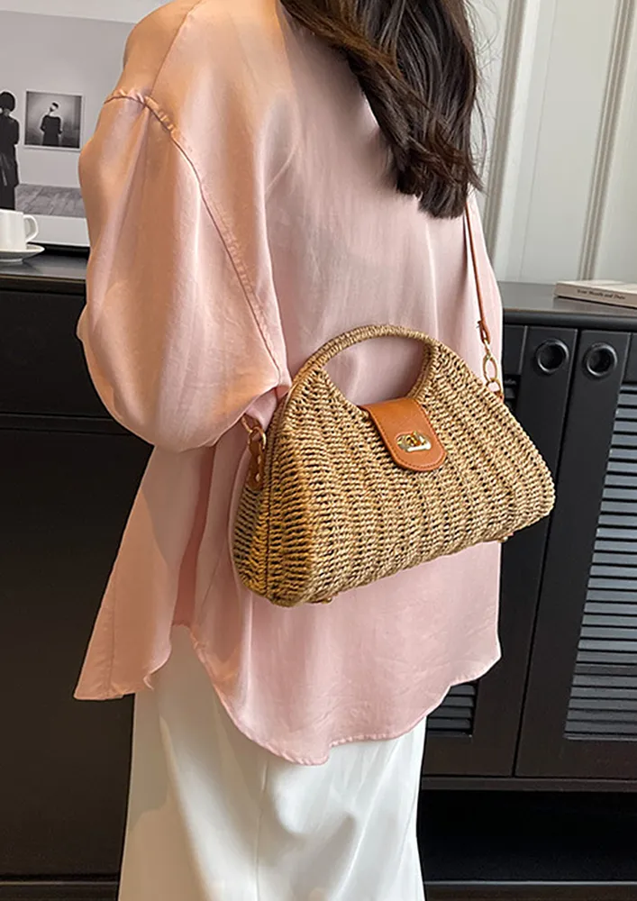 KHAKI STRAW KNIT GEOMETRIC HANDBAG