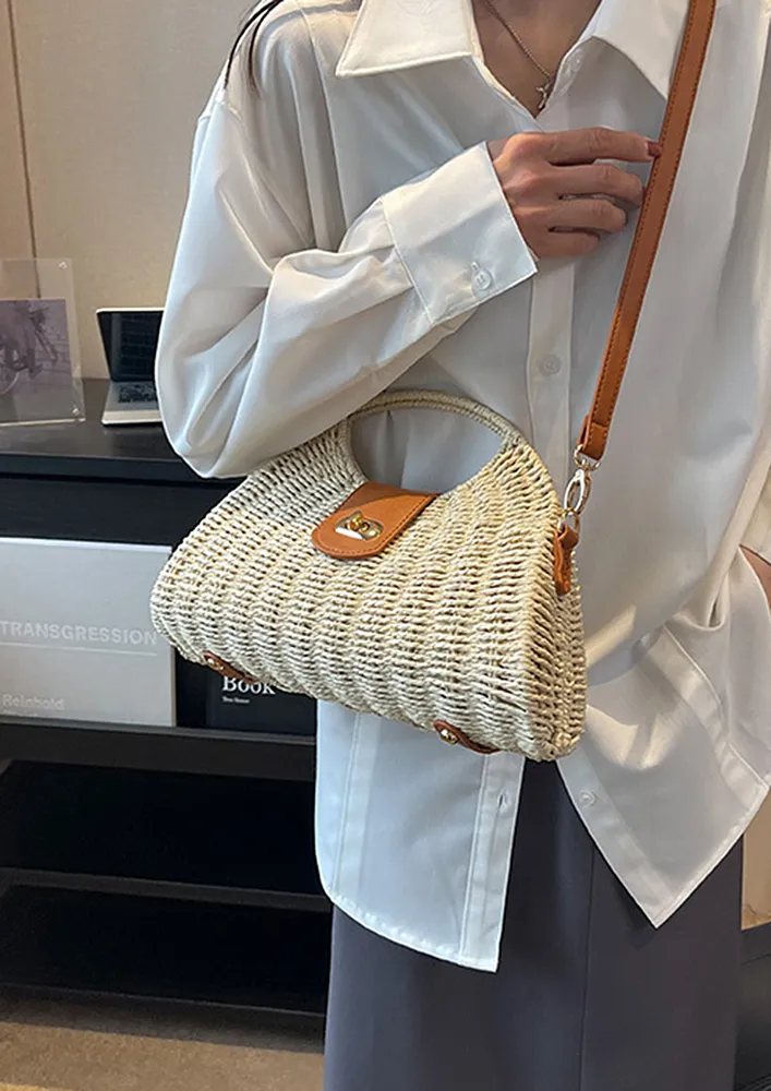 OFF-WHITE STRAW KNIT GEOMETRIC HANDBAG