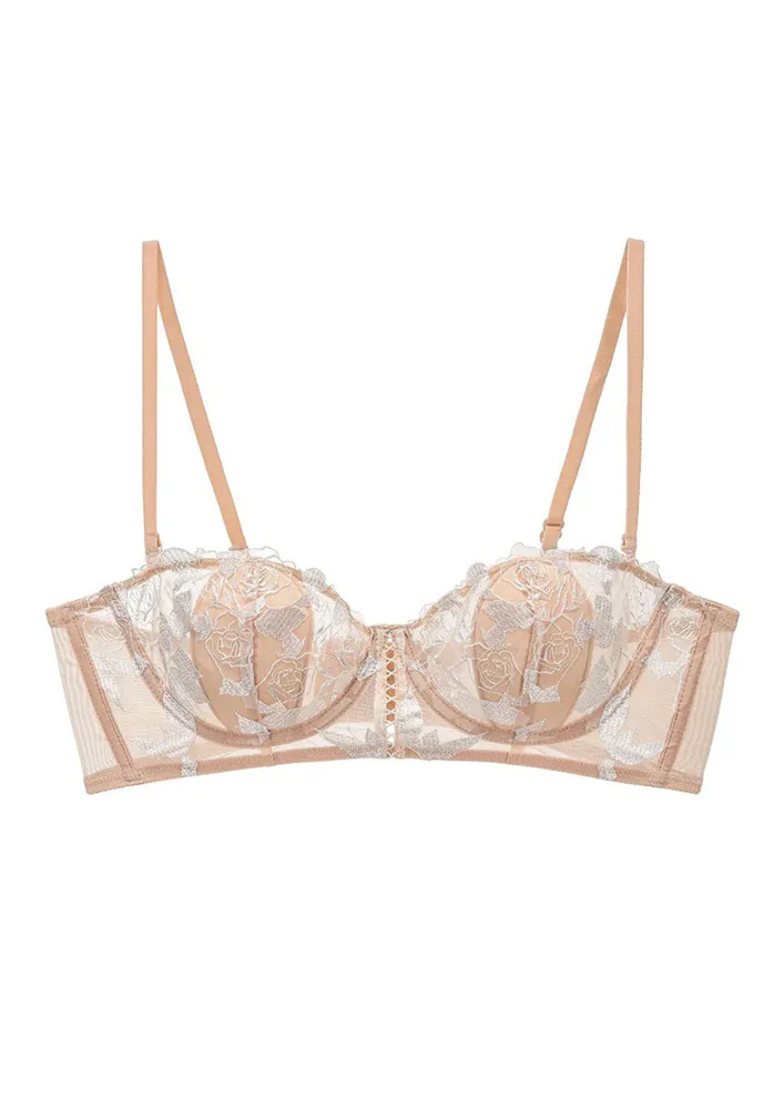 Beige Semi-sheer Embroidered Lace Bra