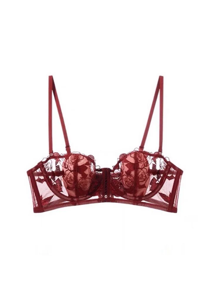 Red Semi-sheer Embroidered Lace Bra