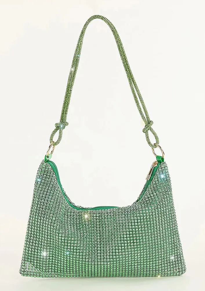 GREEN RHINESTONES EMBEDDED SHOULDER BAG