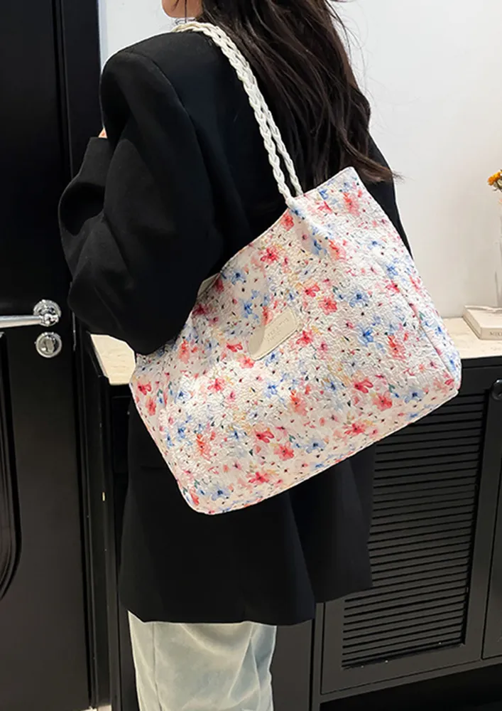 FLORAL PATTERN BRAIDED STRAP TOTE BAG