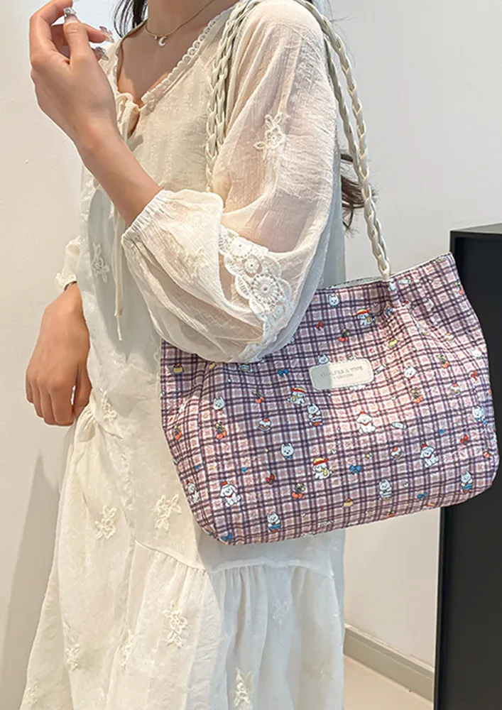 PLAID PATTERN BRAIDED STRAP TOTE BAG