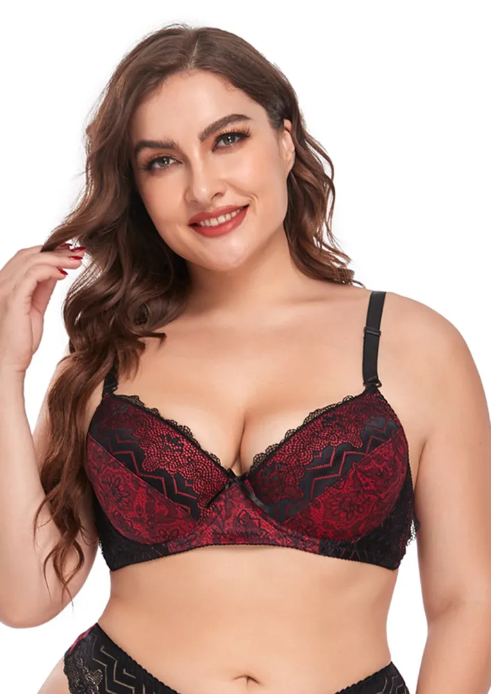 Padded Red Contrast Lace Plus Size Bra