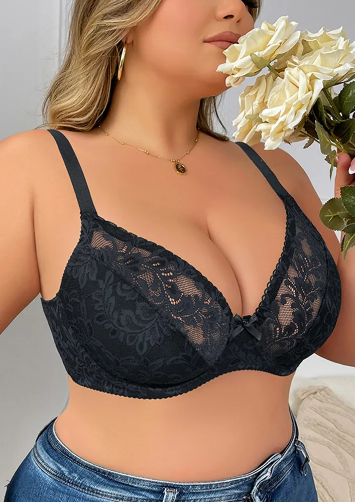 Non-padded Plus Size Black Lace Bra