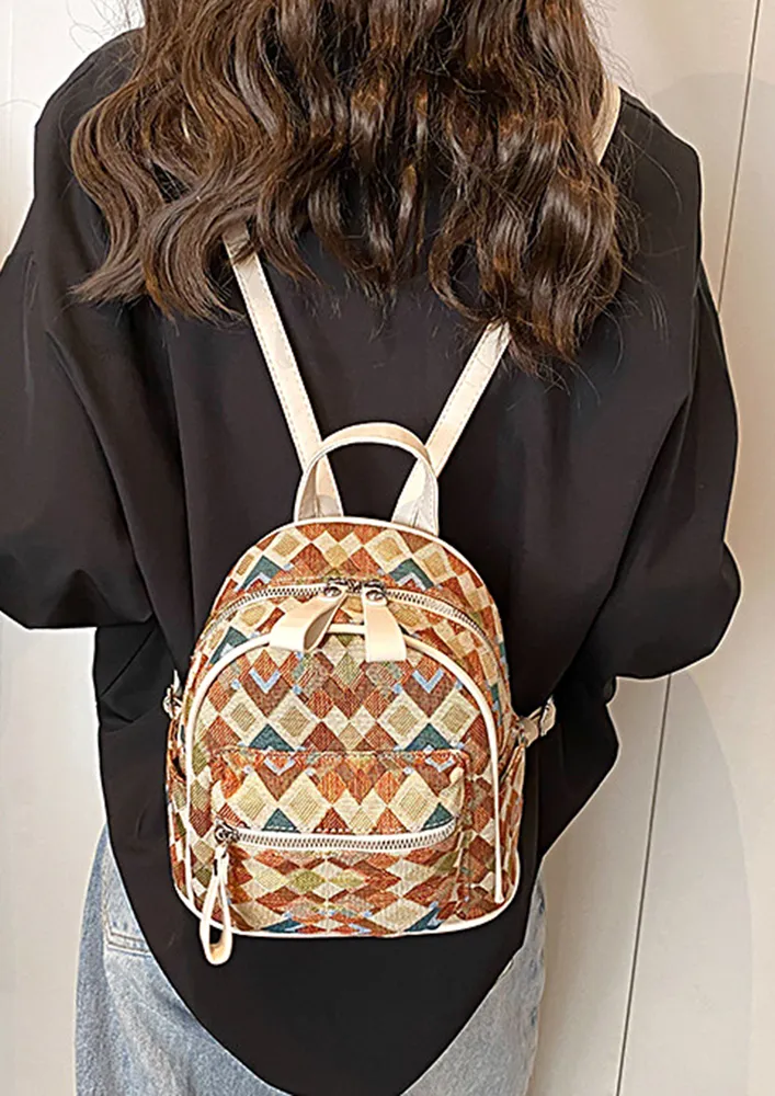 BEIGE GEOMETRIC PRINT BACKPACK