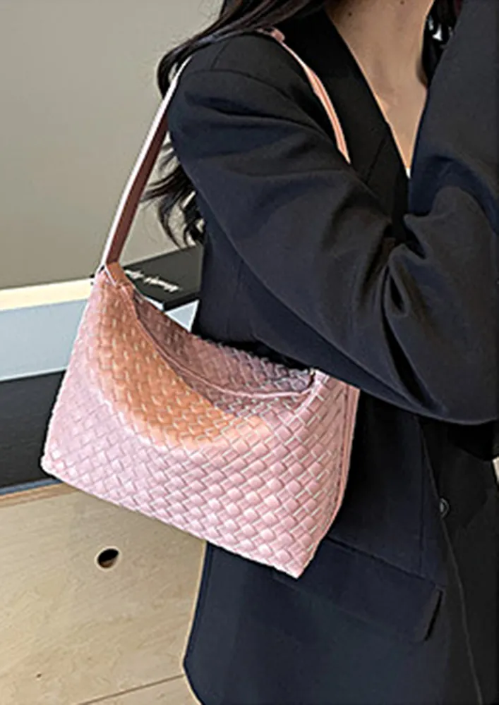 PINK BASKET WEAVE TEXTURE SHOULDER BAG