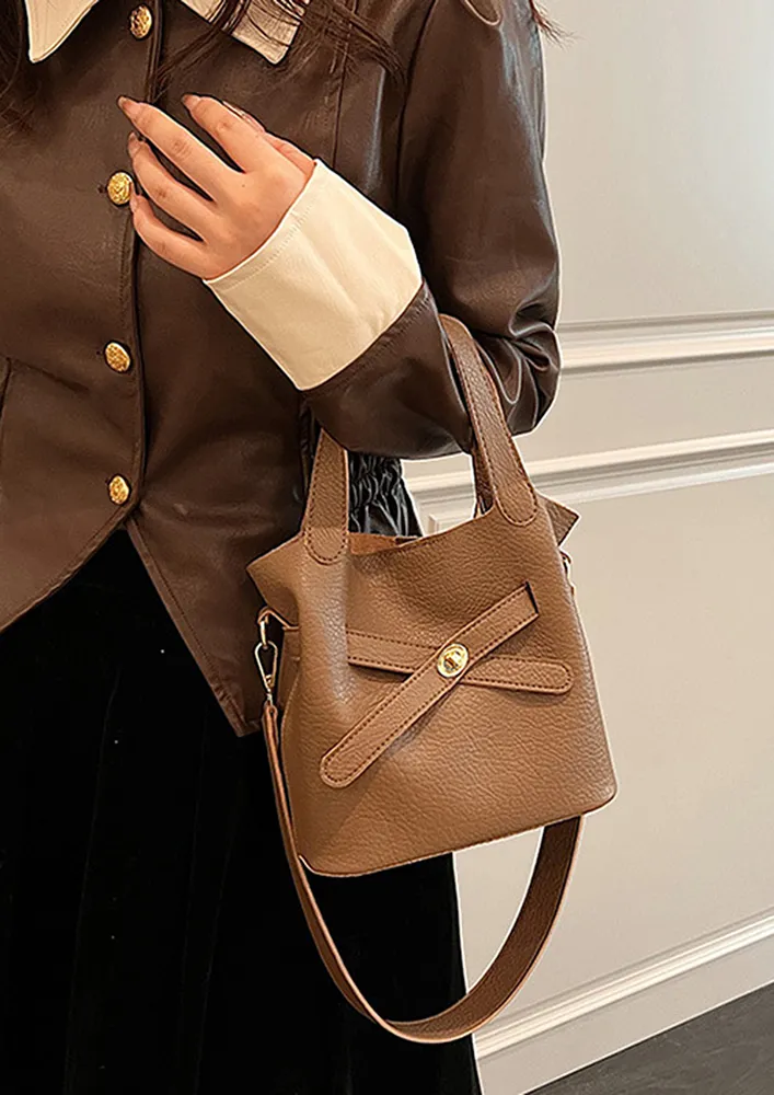 BROWN DOUBLE HANDLE PU OPEN BUCKET BAG
