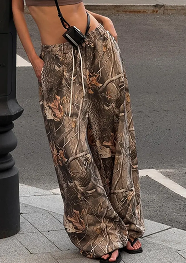 Brown Printed Drawstring-waist Pants