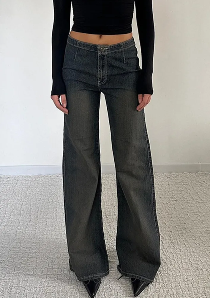 Dark Blue Washed Pattern Flared Jeans