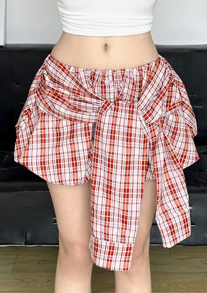 Check Pattern Knot-front Red Mini Skirt