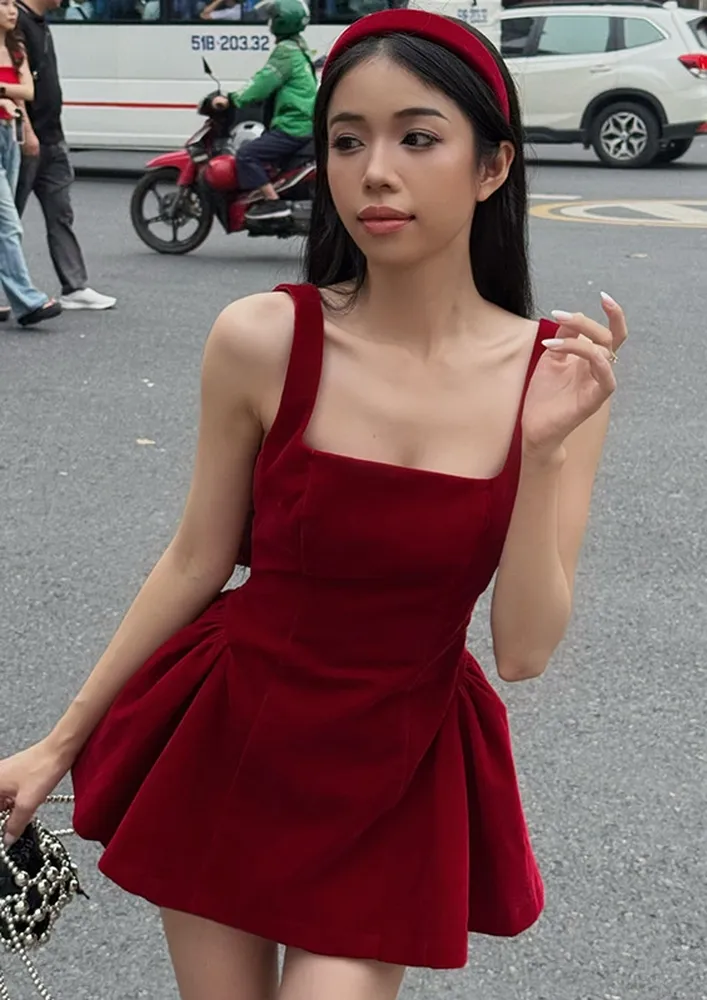 Red Plunging-back Bow Applique Skater Dress
