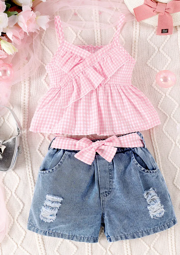 Girls Pink Gingham Check Top W/ Denim Shorts