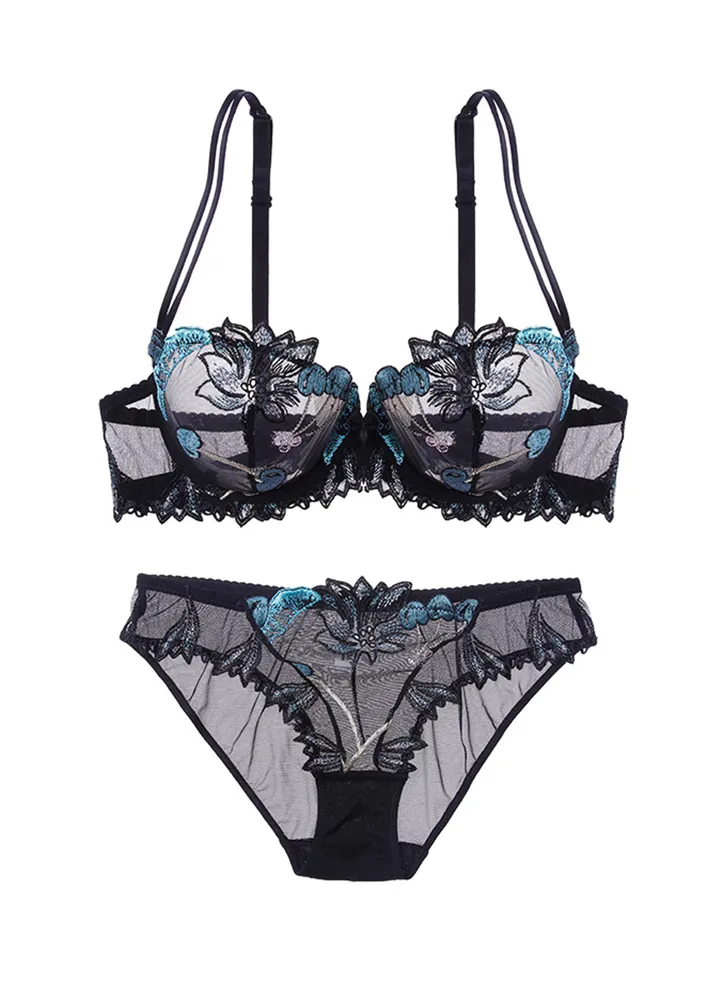 Contrast Embroidery Black 2pc Lingerie Set