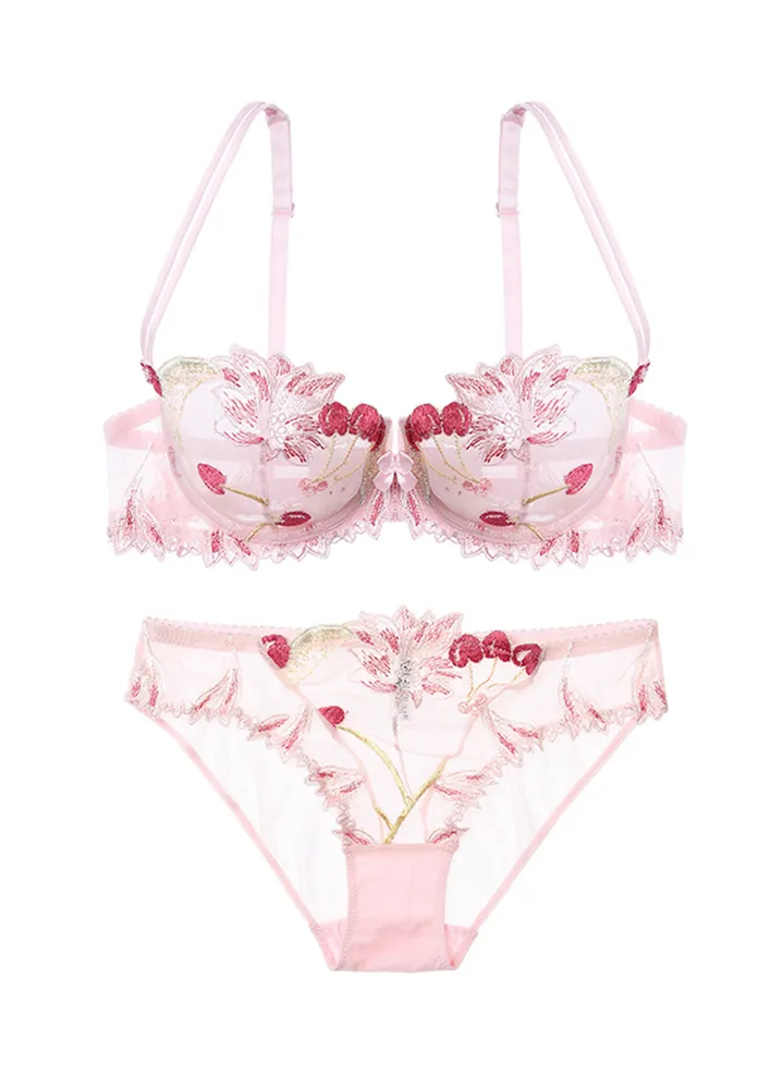 Contrast Embroidery Pink 2pc Lingerie Set