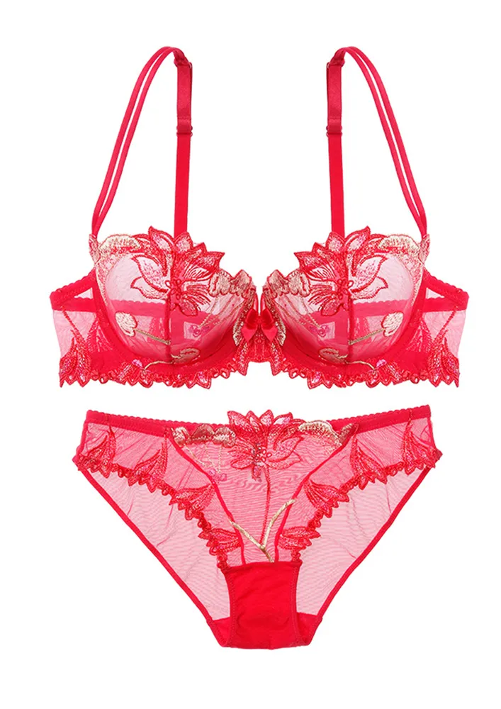 Red Contrast Embroidery 2pc Lingerie Set