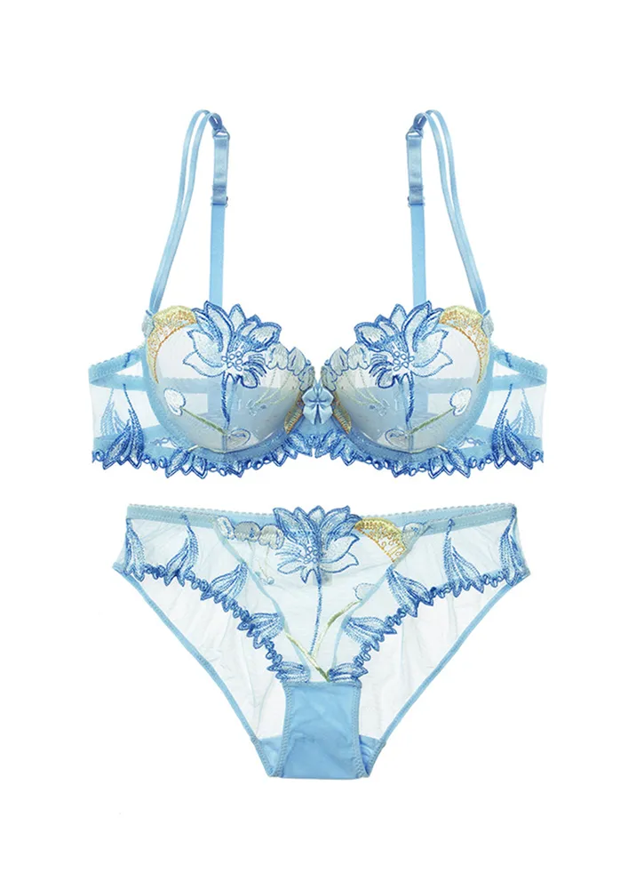 Blue Contrast Embroidery 2pc Lingerie Set