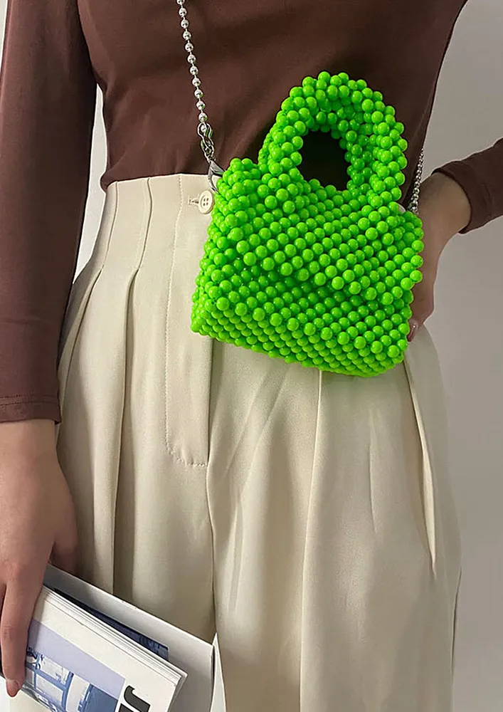 GREEN FLAP FRONT ACRYLIC BEADS HANDBAG