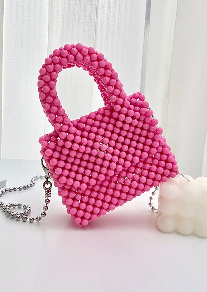 PINK FLAP FRONT ACRYLIC BEADS HANDBAG