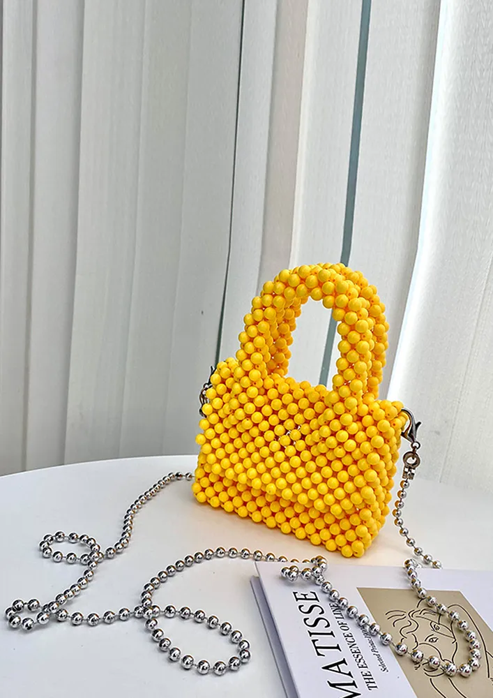 YELLOW FLAP FRONT ACRYLIC BEADS HANDBAG