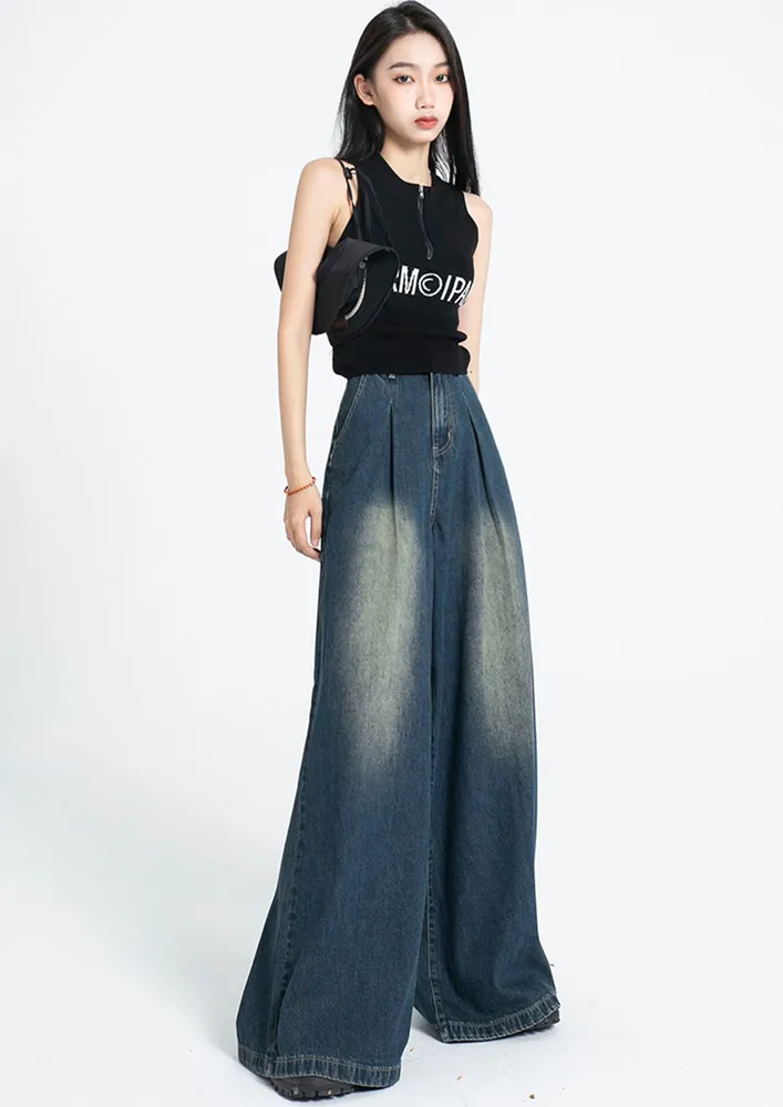 WASHED EFFECT HIGH-RISE BLUE WIDE JEANS