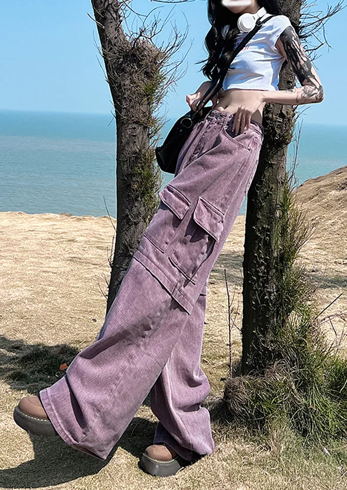 Purple Muti-pocket Ultra Loose Pants