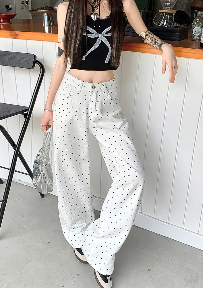 Polka Dot Print High-rise Straight Jeans