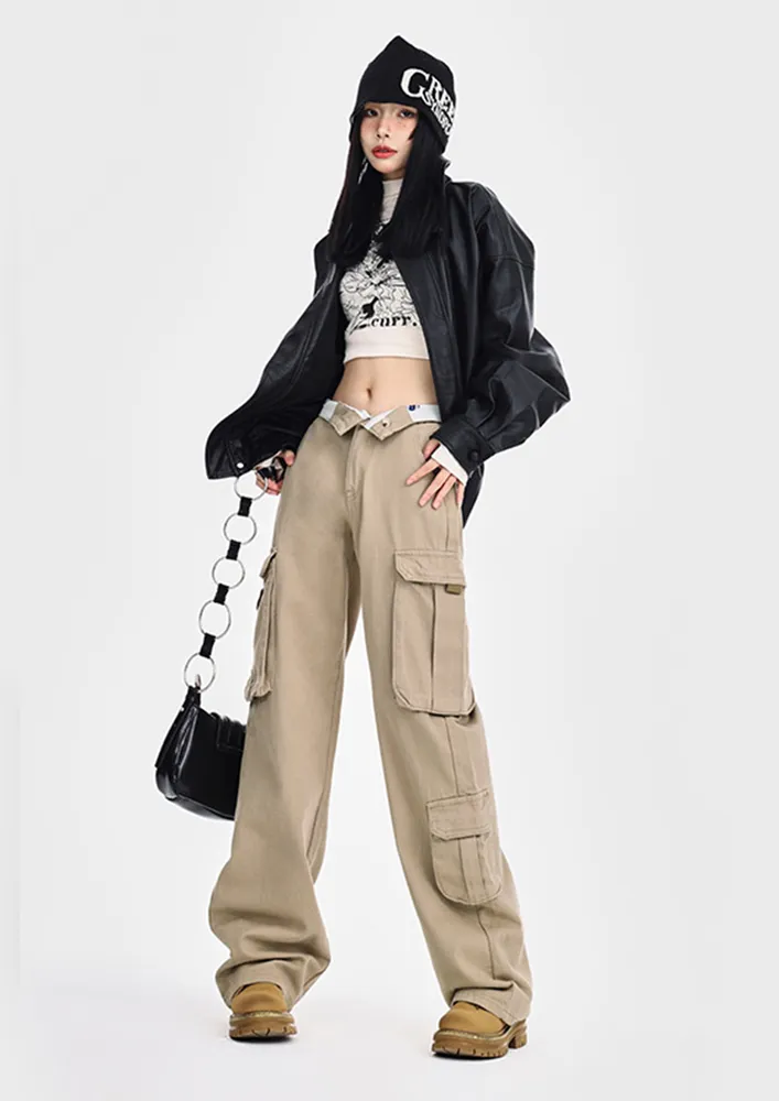 CASUAL STRAIGHT EXTENDED KHAKI CARGO PANTS