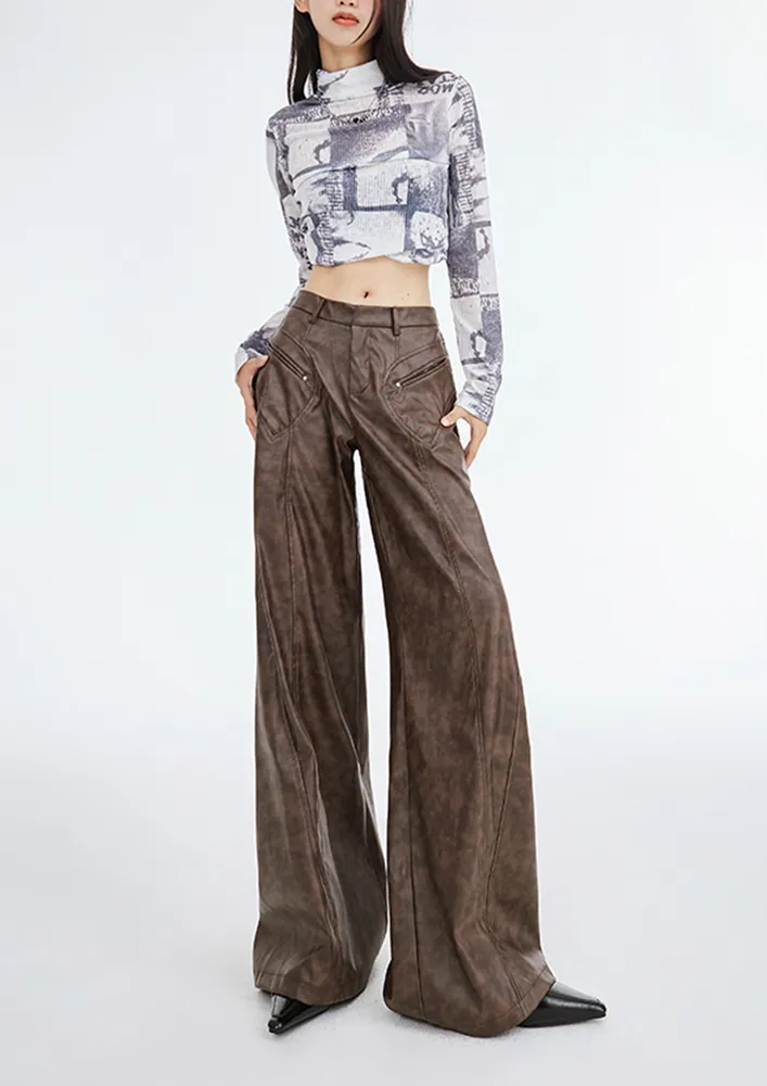 BROWN WIDE LEG FAUX LEATHER PANTS