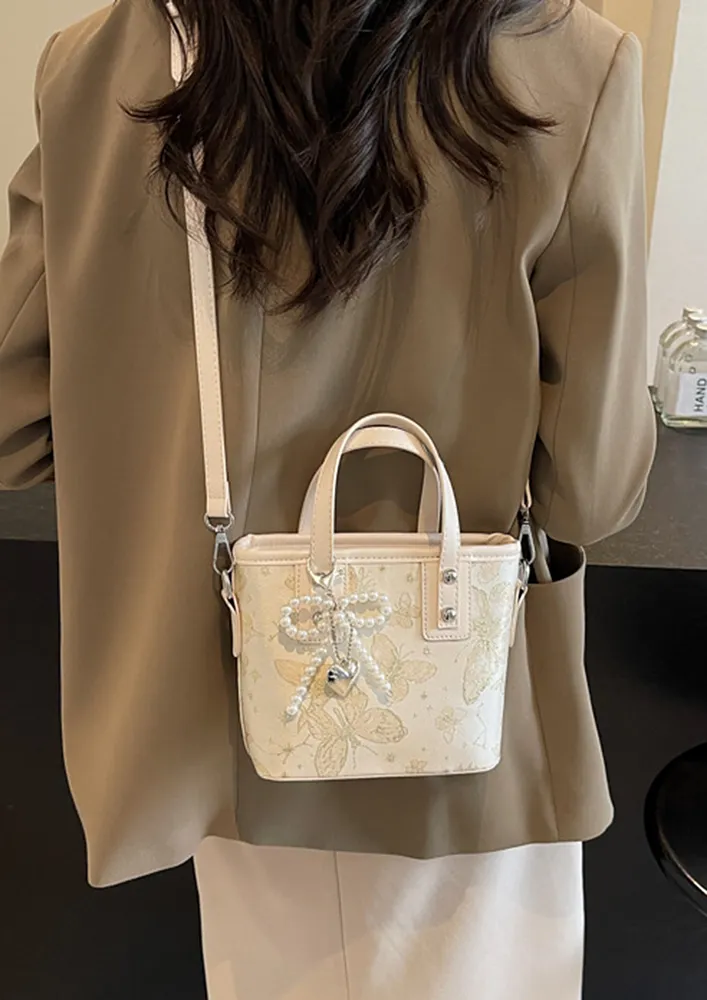 BEIGE PRINTED DOUBLE HANDLE CROSSBODY BAG