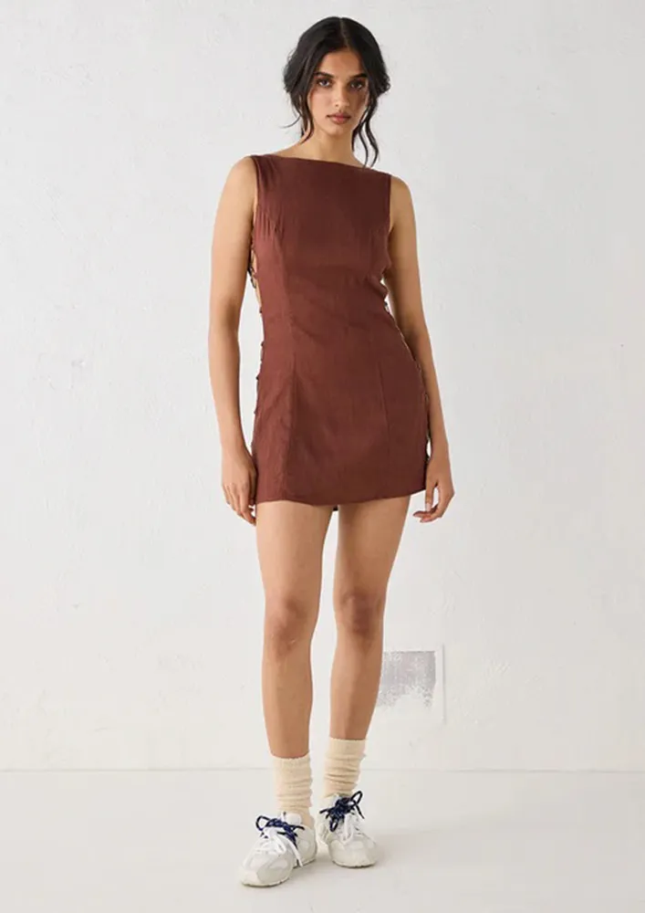 Brown Ring-detail Boat Neck Dress