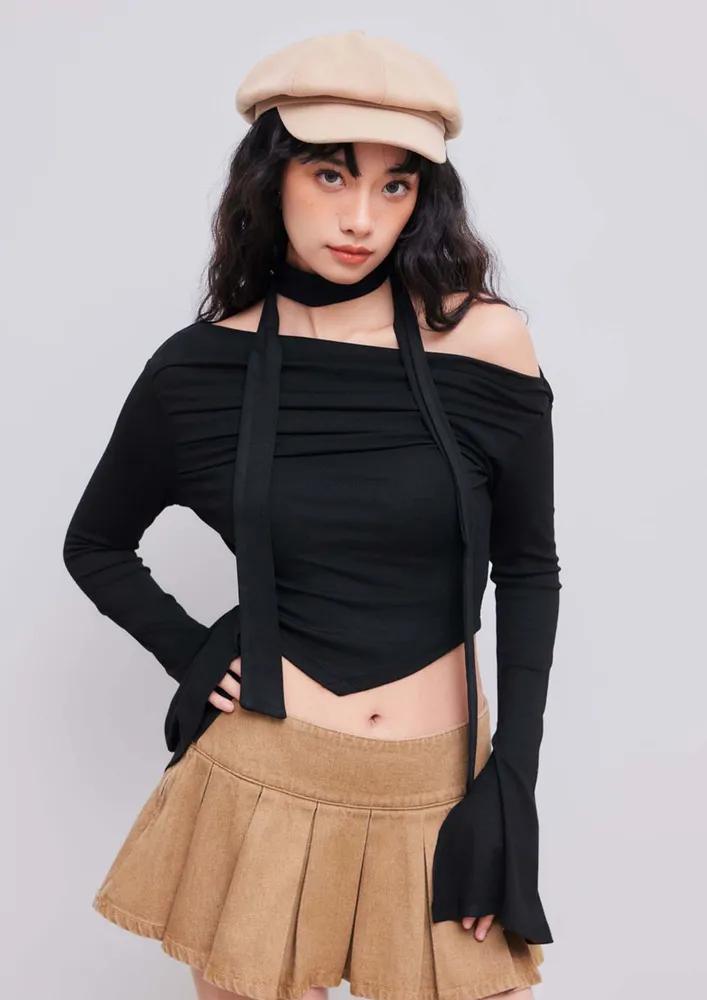 Black Off-the-shoulder Top With Scarf