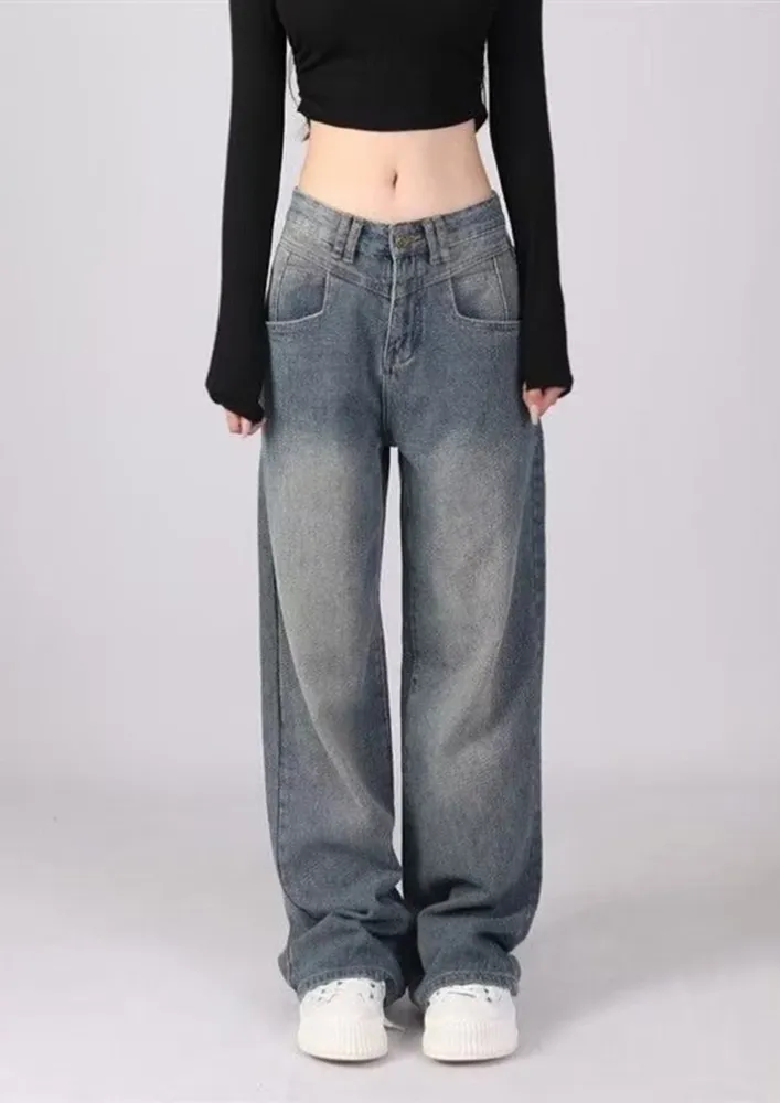 90's Washed Effect Blue Boyfriend Jeans