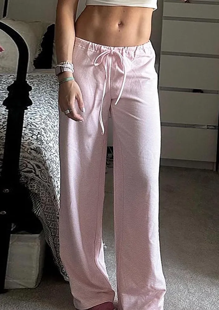 PINK Striped Pattern Loose Straight Pants