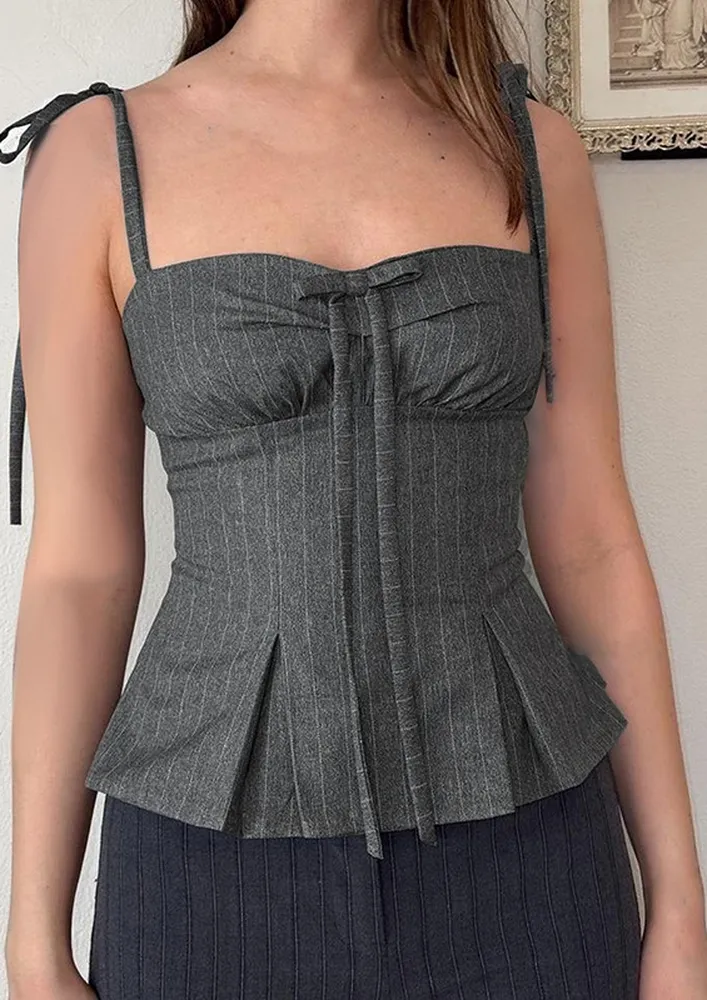 Grey Pin Striped Tie-up Shoulder Top