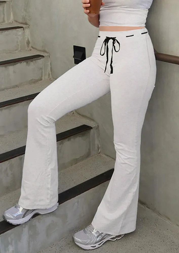 White Contrast Drawstring Bootcut Pants