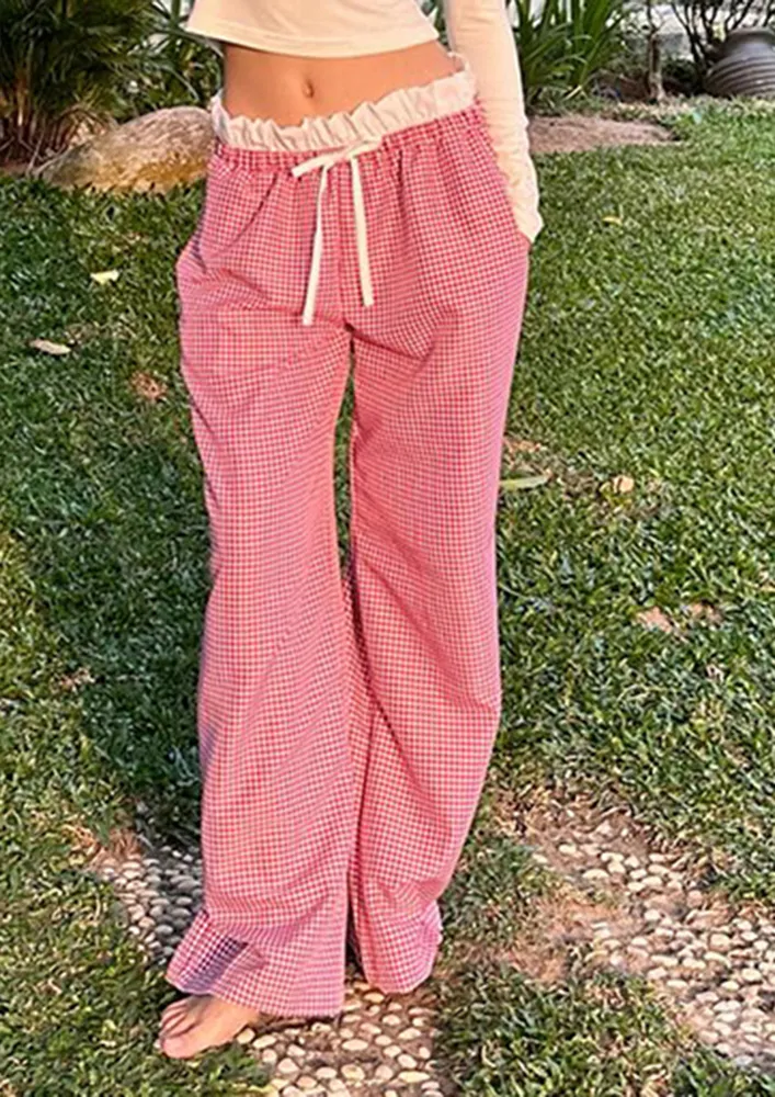 Red Gingham Pattern Straight Leg Pants