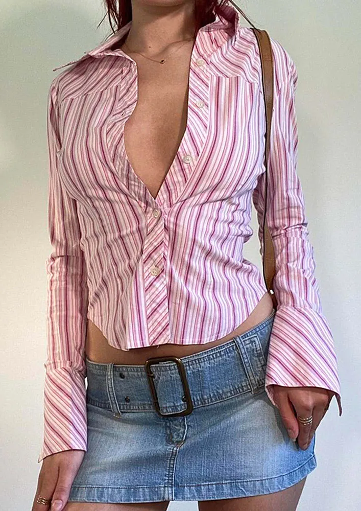 Polo Collar Pink Stripe Pattern Shirt