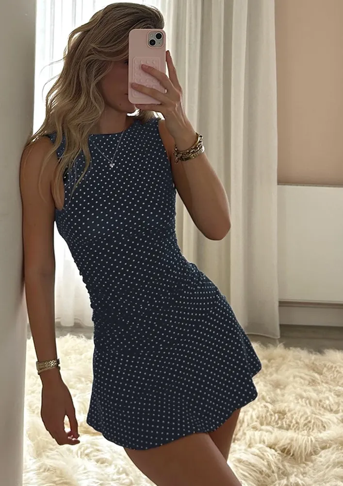 Dark Blue Pind Dot Pattern Mini Dress